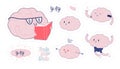 Set of stickers. Cheerful brain in eyeglasses hold and read a book, show okay sign, jump with arms raised, fall in love, text. Royalty Free Stock Photo